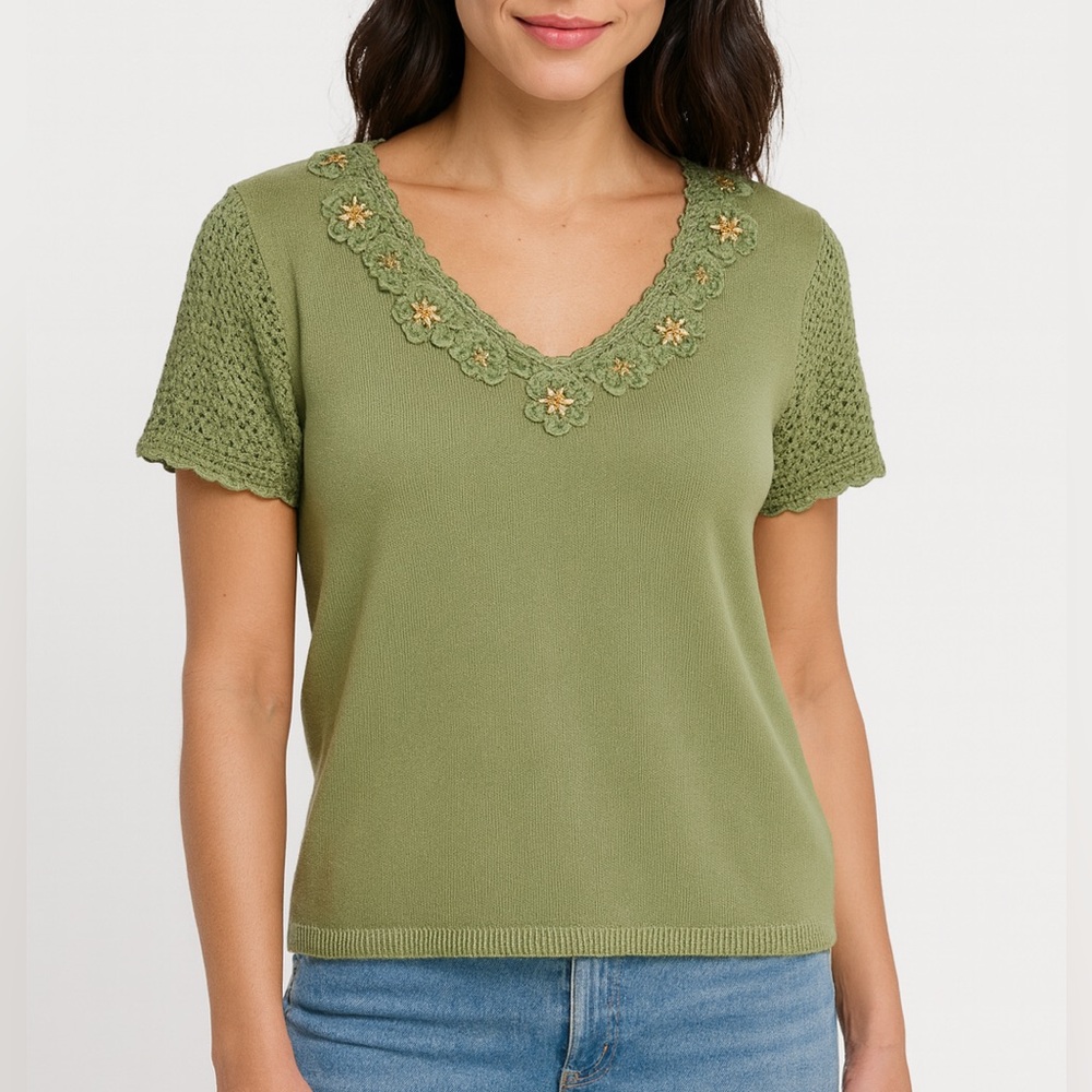 Alfred Dunner Olive Crochet Accent Top